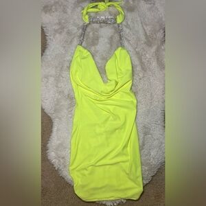 Vibrant Yellow Halter Dress with Rhinestone Straps
